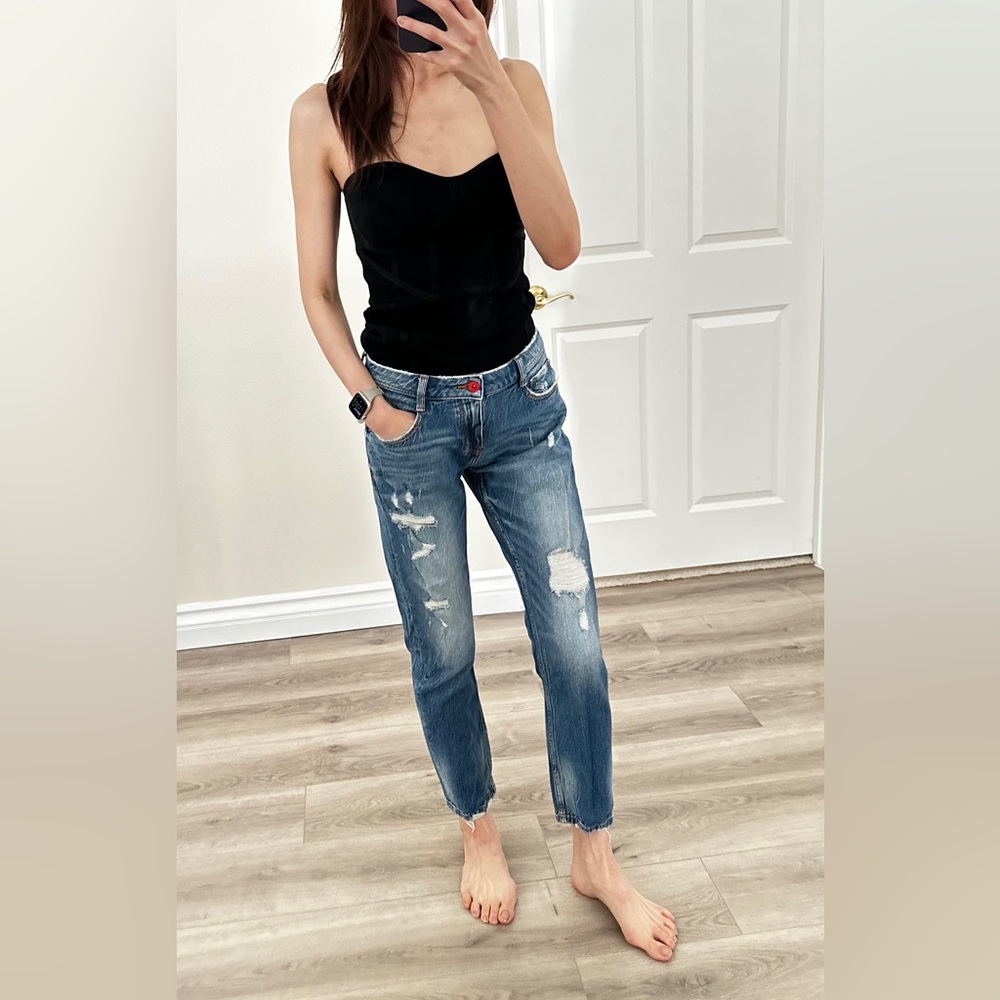 Zara Blue Distressed Boyfriend Jeans Ankle Length